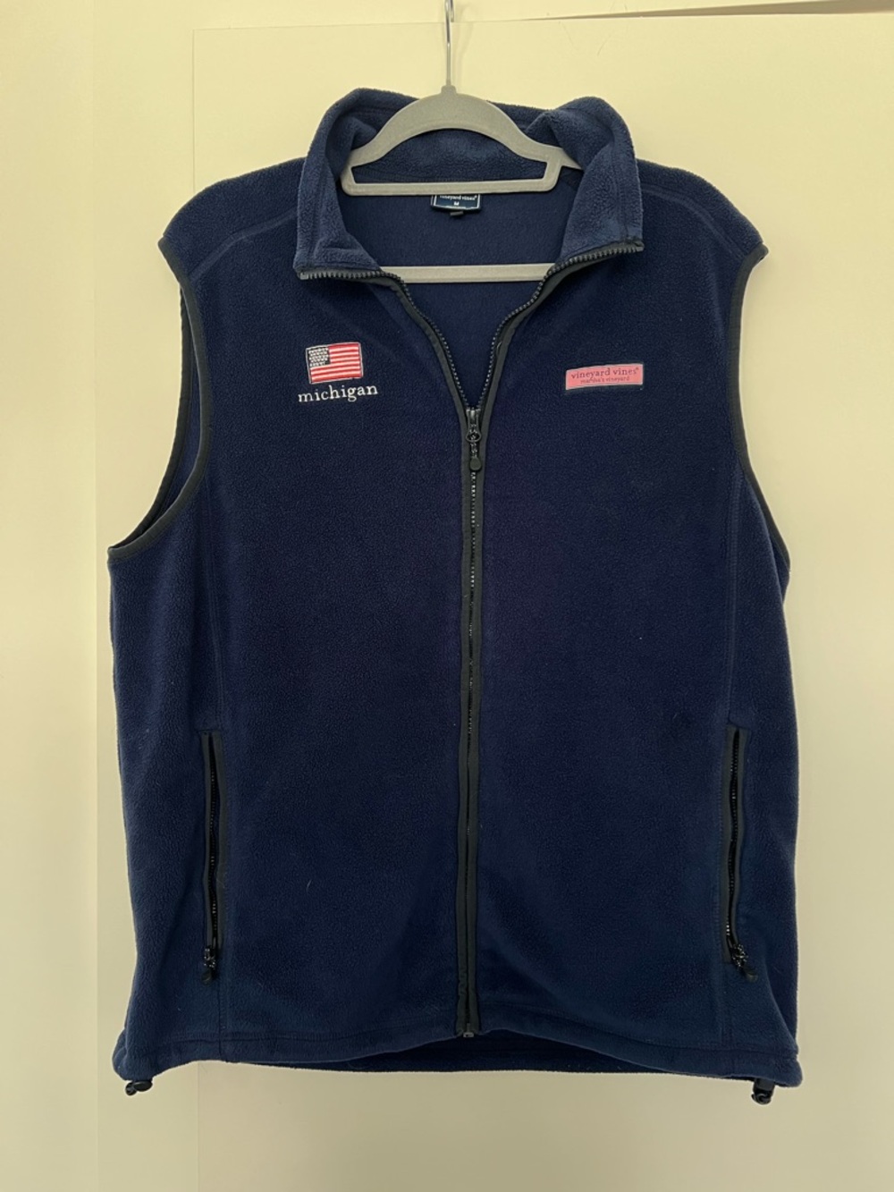 Vineyard Vines Navy Fleece Vest with Michigan & Flag Embroidery